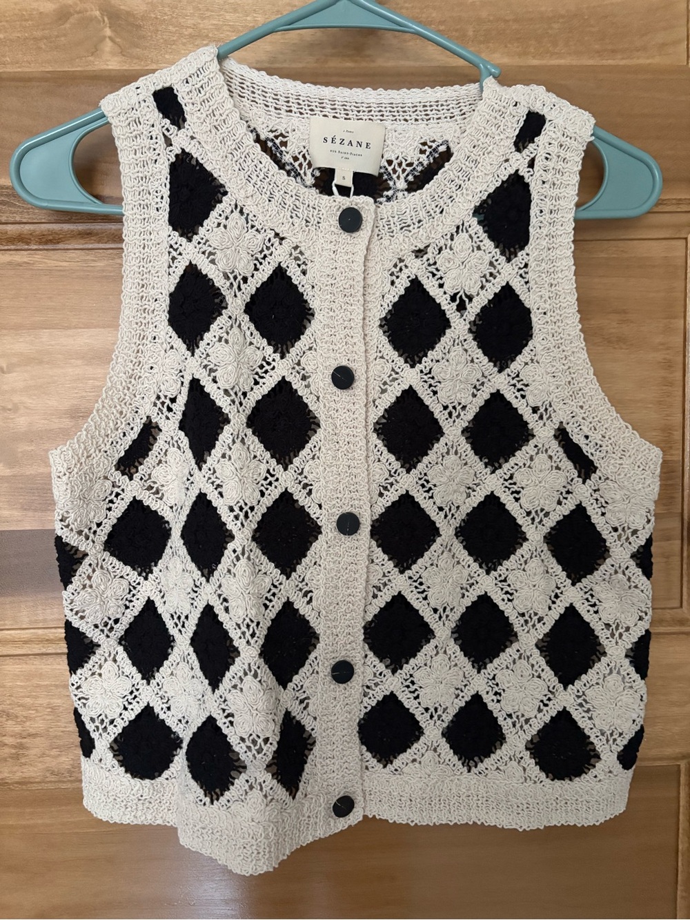 Sézane RON Diamond Crochet Cotton Vest Cream Black NWT Size S